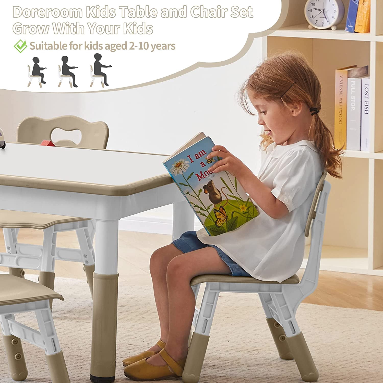 AINUO Toddler Table and Chairs Set for 4, 47.2''L x 23.6''W Kids Study Table and Chair Set, Height-Adjustable, Graffiti Desktop, Children Activity Table for Daycare, Classroom, Home