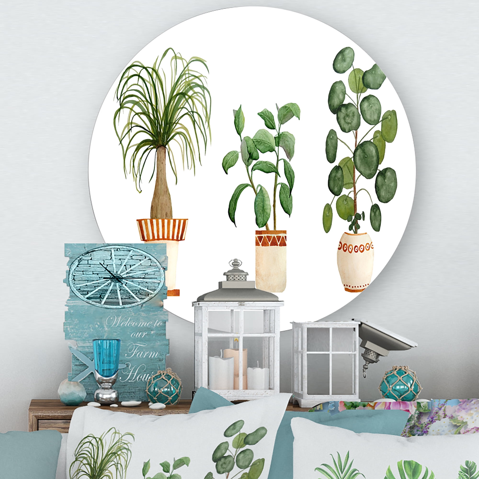 Designart 'Trio of House Plants Ficus Ponytail and Palm' Traditional Circle Metal Wall Art 11x11 - Disc of 11