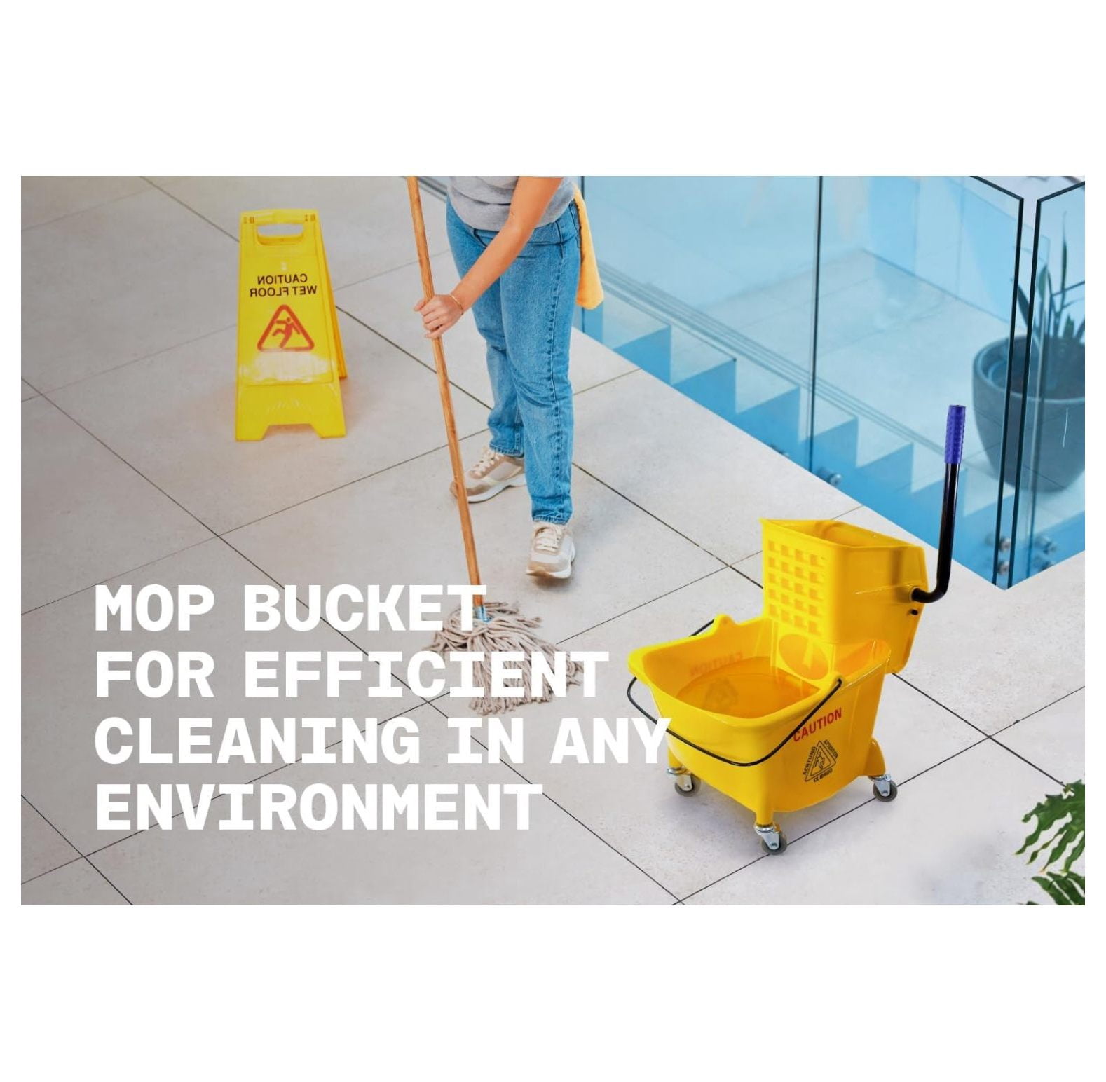 Mop Bucket 25 Quart | Side Press Wringer | 4 Wheels 2" | Yellow