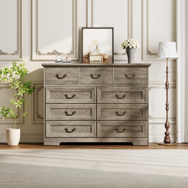 TROPOW Vintage 9 Drawer Dresser for Bedroom, 47" Wide Chest of Drawers with Natural Wood Texture, Wooden Storage Organizer for Closet, Living Room, Hallway,Black