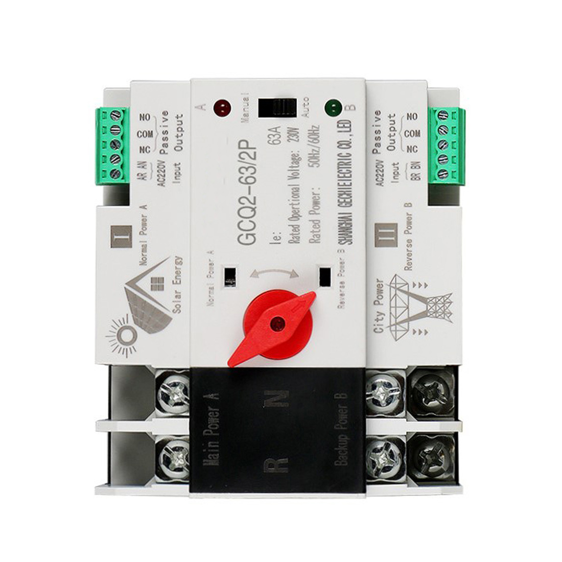 Photovoltaic Solar Power ATS Automatic Transfer Switch Din Rail 2P 63A AC220V ATS PV System Power to City Power