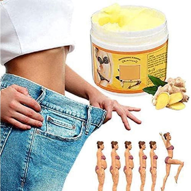 crema quemagrasas de jengibre de 50ml, crema anticelulítica para adelgazar todo el cuerpo, crema reafirmante de gel para piel activada — frasco abierto con gel crema amarillo y raíz de jengibre junto a etiqueta amarilla, mujer sosteniendo la pretina de un pantalón amplio y fila de siluetas secuenciales que ilustran cambio corporal; el empaque señala aplicación en abdomen, cintura, caderas y muslos y textura ligera de fácil absorción según la descripción.