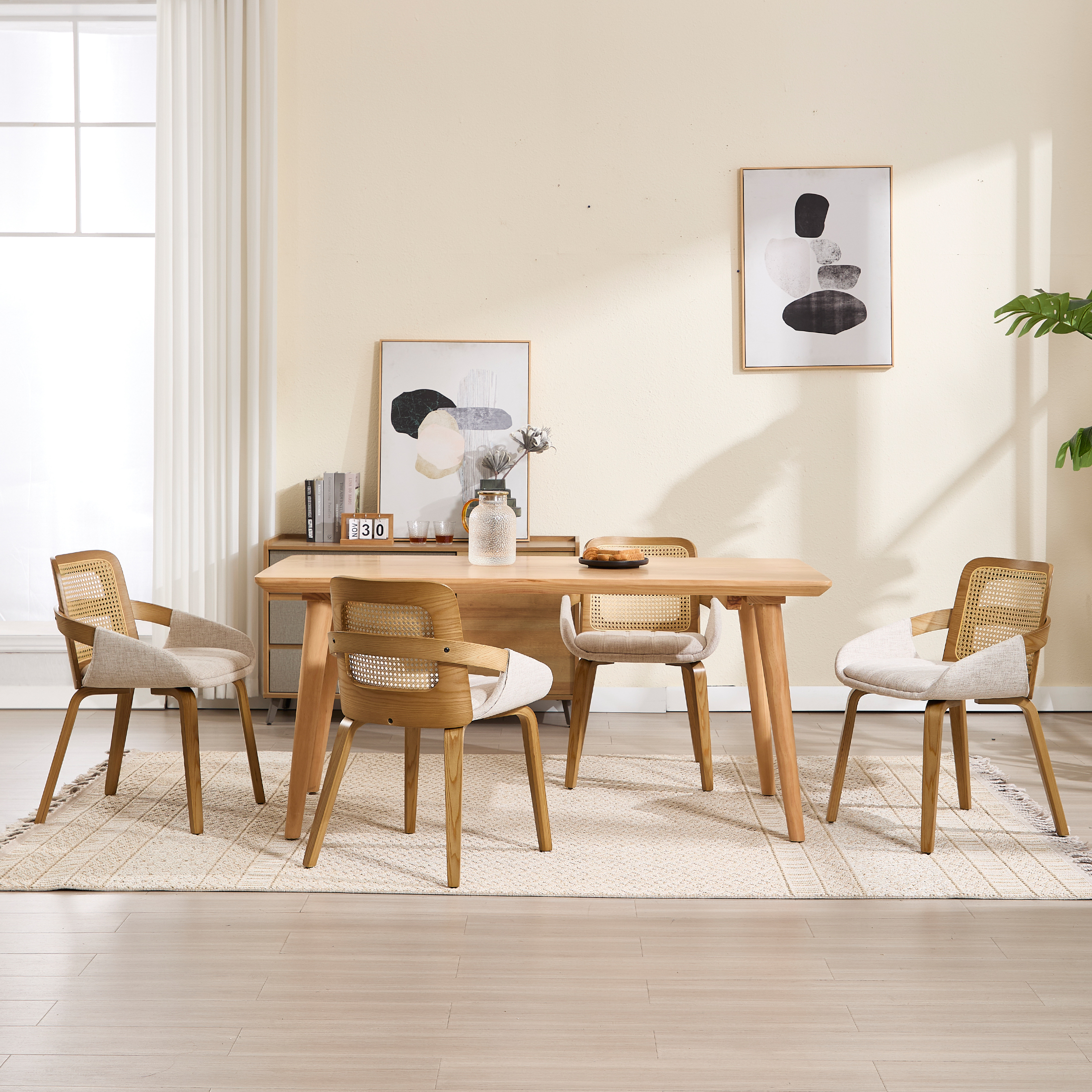 Guyou Modern Rattan Dining Chair Set of 2, Solid Wood Dining Side Chairs, Linen Upholstered Kitchen Chairs with Armrests for Kitchen Dining Room Living Room, Beige