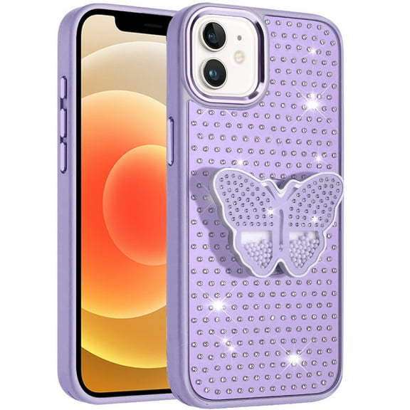 XPM for Apple iPhone 14 /13 Phone Case, Butterfly Moveable Grip 3D Pop Stand Full Diamond Bling Sparkling TPU Fashion Hybrid Cover for iPhone 14 / iPhone 13 (Purple)