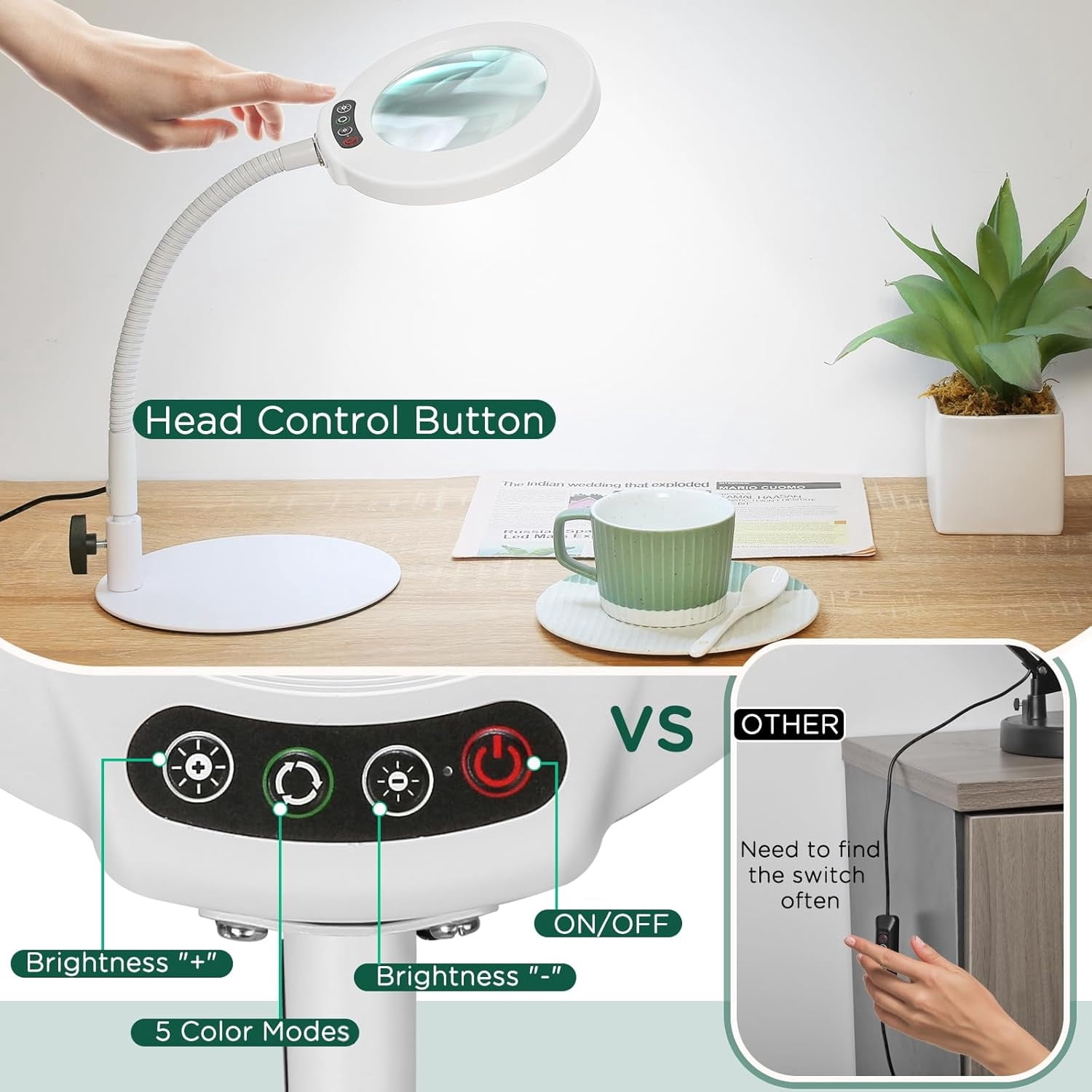 Veemagni Magnifying Glass with Light and Stand, 5 Color Modes Stepless Dimmable LED Lighted Desk Lamp, Hands Free Flexible Gooseneck Magnifier with Light for Craft Hobby Painting Close Work - White