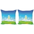 thumbnail image 1 of Landscape Throw Pillow Cushion Cover Pack of 2, Illustration of an Outdoor Scene of Grassy Hill Sun and Clouds, Zippered Double-Side Digital Print, 4 Sizes, Azure Blue Lime Green, by Ambesonne, 1 of 2