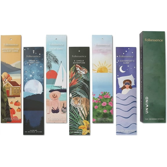 Folkulture Incense Sticks, Set of 6 - 120 Sticks for Relaxation, Farmhouse Boho Gift Set - Unwind