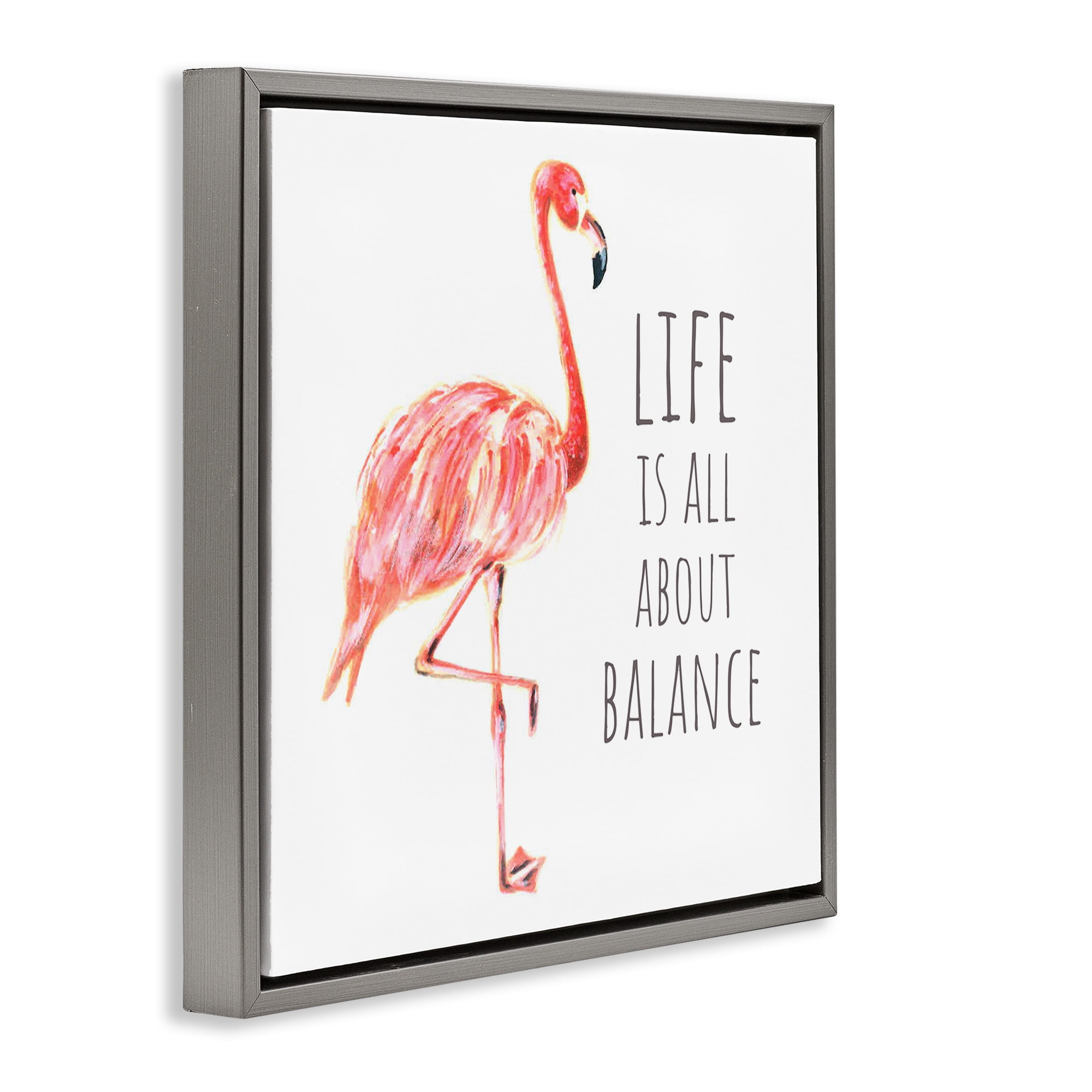 Stupell Industries Motivational Balance Flamingo Animals & Insects Painting Gray Floater Framed Canvas Art Print Wall Art, 25 x 25