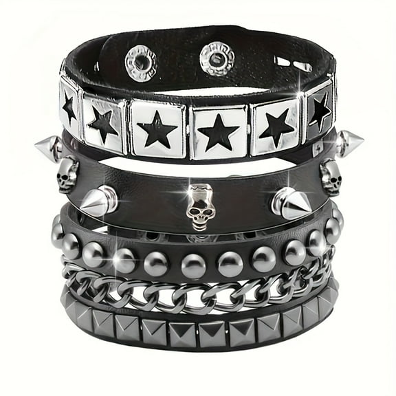 Top-kevin 3pcs Skull & Star Studded Faux Leather Bracelet Set - Punk Rock, Goth Style, Black Faux Leather with Metallic Star & Skull Pendants, Ideal for Halloween, Parties & Daily Wear