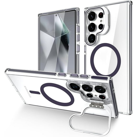 for Samsung Galaxy S24 Ultra Clear Case with Camera Cover Stand [Military Grade Protection] [Compatible with MagSafe] Slim Shockproof Magnetic Case for Samsung Galaxy S24 Ultra (Purple)