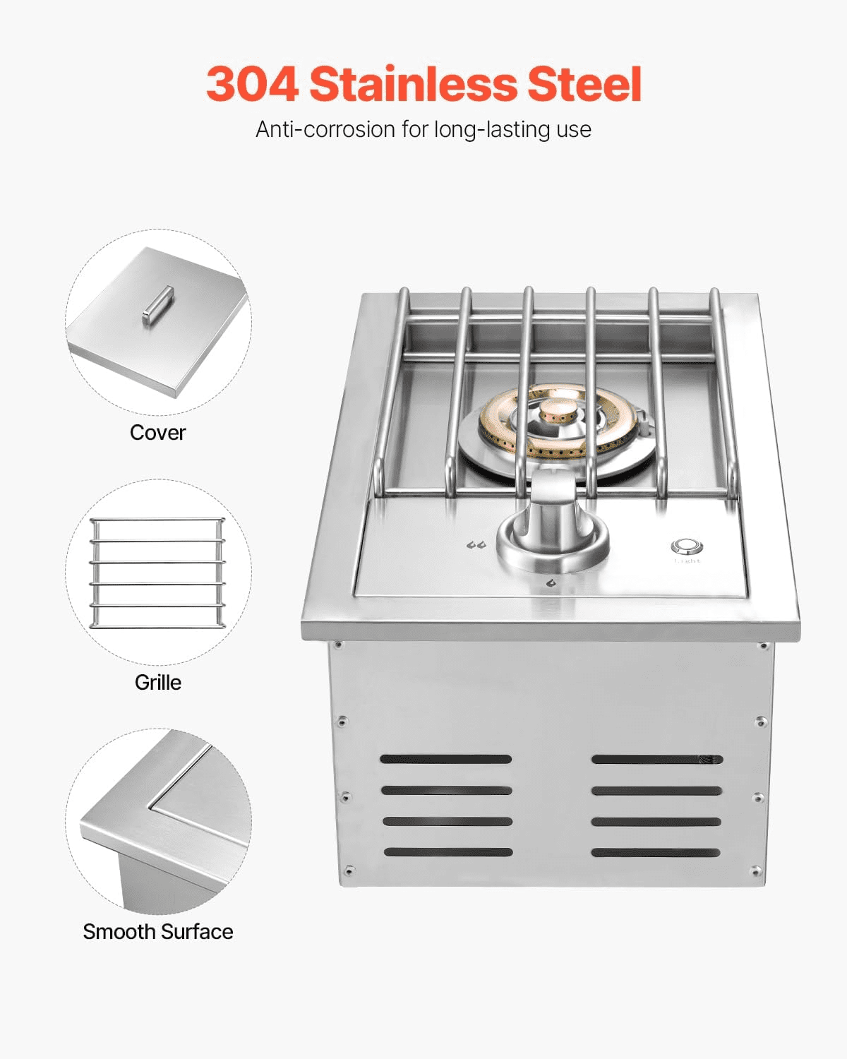 Single Grilling Side Burner, 17,000BTU Liquid Propane Side Burner for Outdoor Kitchen, Convertible to Natural Gas, 304 Stainless Steel Built-in Single Grill Burners with LED for BBQ Grill Island
