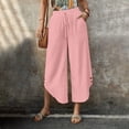 thumbnail image 4 of Women's Summer Wide Leg Linen Capris Drawstring Elastic Waist Loose Fitting Breathable Asymmetrical Hem Cropped Trousers S, 4 of 6
