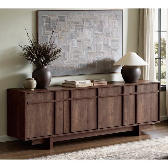 65" Mid Century Modern TV Stand for 75" TV, Skeletal Lines & Wood Grain, Walnut