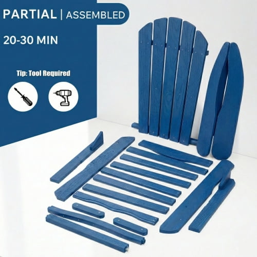 Embossed Wooden Outdoor Folding Adirondack Chair, Solid Wood Patio Chair with Wood Grain Texture, Pre-Assembled Backrest, for Garden, Backyard, Porch, Pool, Deck,Navy Blue