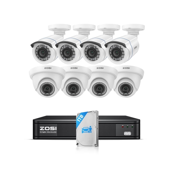ZOSI 3K Lite 8CH Wired Security System, 8 x IP66 Cameras Indoor/Outdoor, 1TB HDD, AI Person/Vehicle Detection, H.265 5MP Lite DVR, 80ft Night Vision, 24/7 Recording