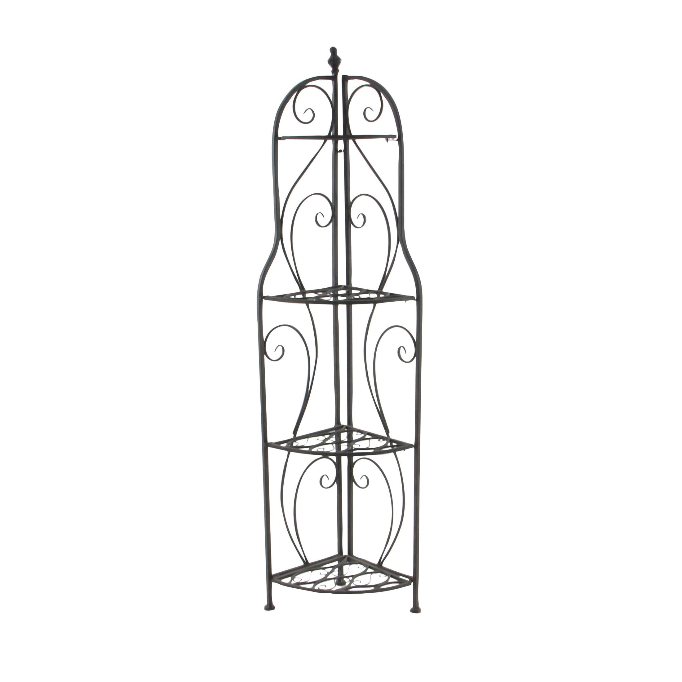 DecMode 17" x 60" Black Metal Scroll Indoor Outdoor Arched Tall Folding Corner 4 Shelf Bakers Rack, 1-Piece