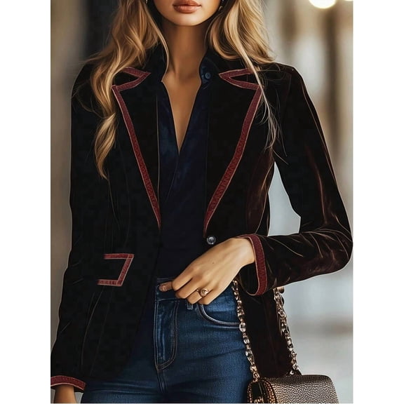 Women’s Velvet Color‑Blocked Commuter Blazer, Fashion Long Sleeve Tailored Suit Outerwear