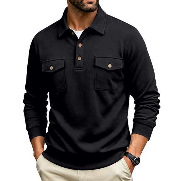 JULMCOMO Polo Shirts for Men Button Collared Casual Workwear Style Long Sleeve Shirts Regular Fit Work Tops with Chest Pockets Black XL