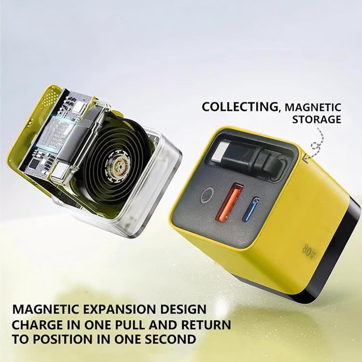 3 in 1 Charger, 80 Watt All in One Chargers, Scalable 80w Max Fast Charger Module with Type C Cable and 2 USB Ports, Retractable Phone Charger Wall Plug for Smartphones (Yellow)
