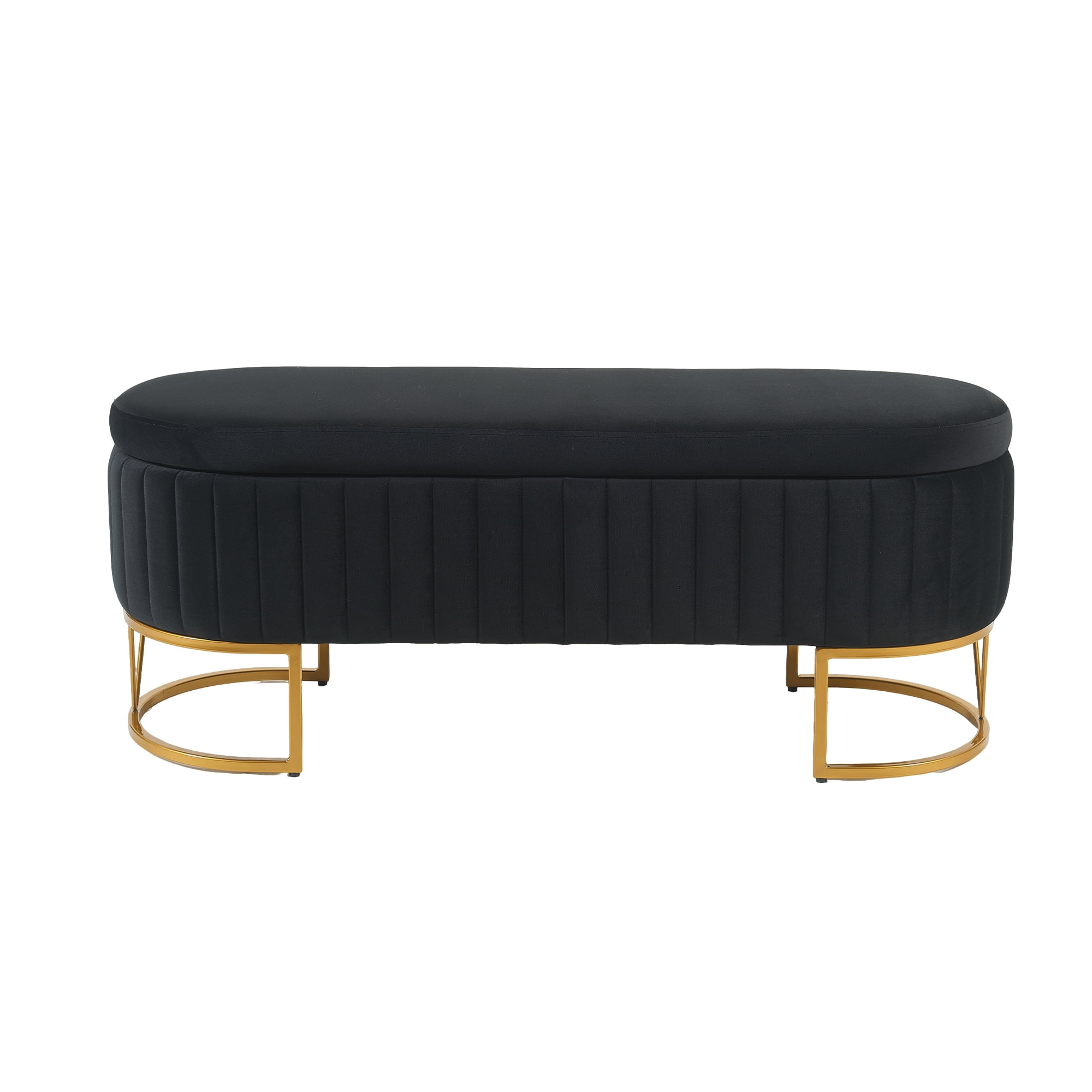 Storage Bench Bedroom Bench, Velvet Oval Upholstered End of Bed Bench with Golden Metal Legs, Modern Storage Ottoman Bench for Bedroom, Living Room, Entryway,Window,Black