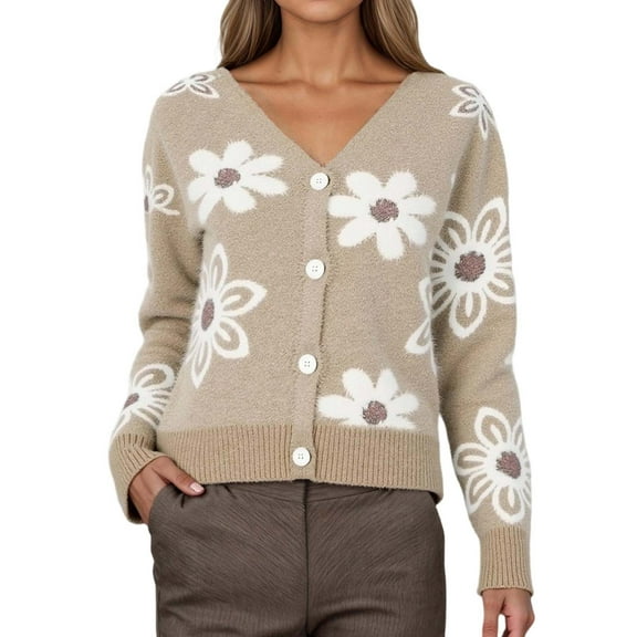 Women Cardigan Floral Pattern V Neck Short Knit Button Up Sweater Soft Cozy Top Lightweight Cardigans