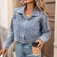 thumbnail image 5 of QATAINLAV Women's Jean Jacket with Pearls Casual Studded Long Sleeve Western Distressed Denim Cropped Coat with Pockets Blue S, 5 of 9