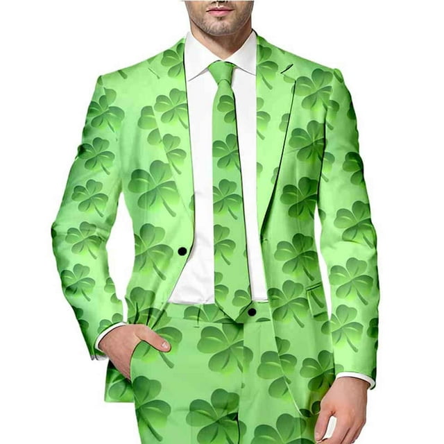 toraway Men Suits Regular Fit Black Casual Mens St. Patrick's Day Festive Style All Over Printed Four Leaf Jacket Suit XL