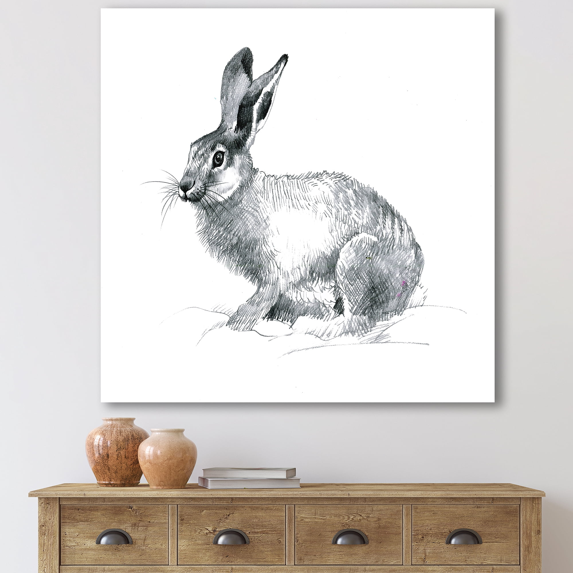 Designart ' Black and White Portrait Of Rabbit ' Farmhouse Canvas Wall Art Print