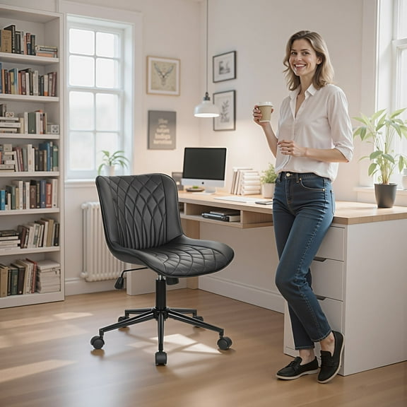 VECELO Black Home Office Desk Chair Armless Comfy Small Ergonomic Rolling Vanity Chair with Wheels Wide Swivel Adjustable Modern Task Chair Back Cute Leather Upholstered Sewing Drafting Chair No Arms
