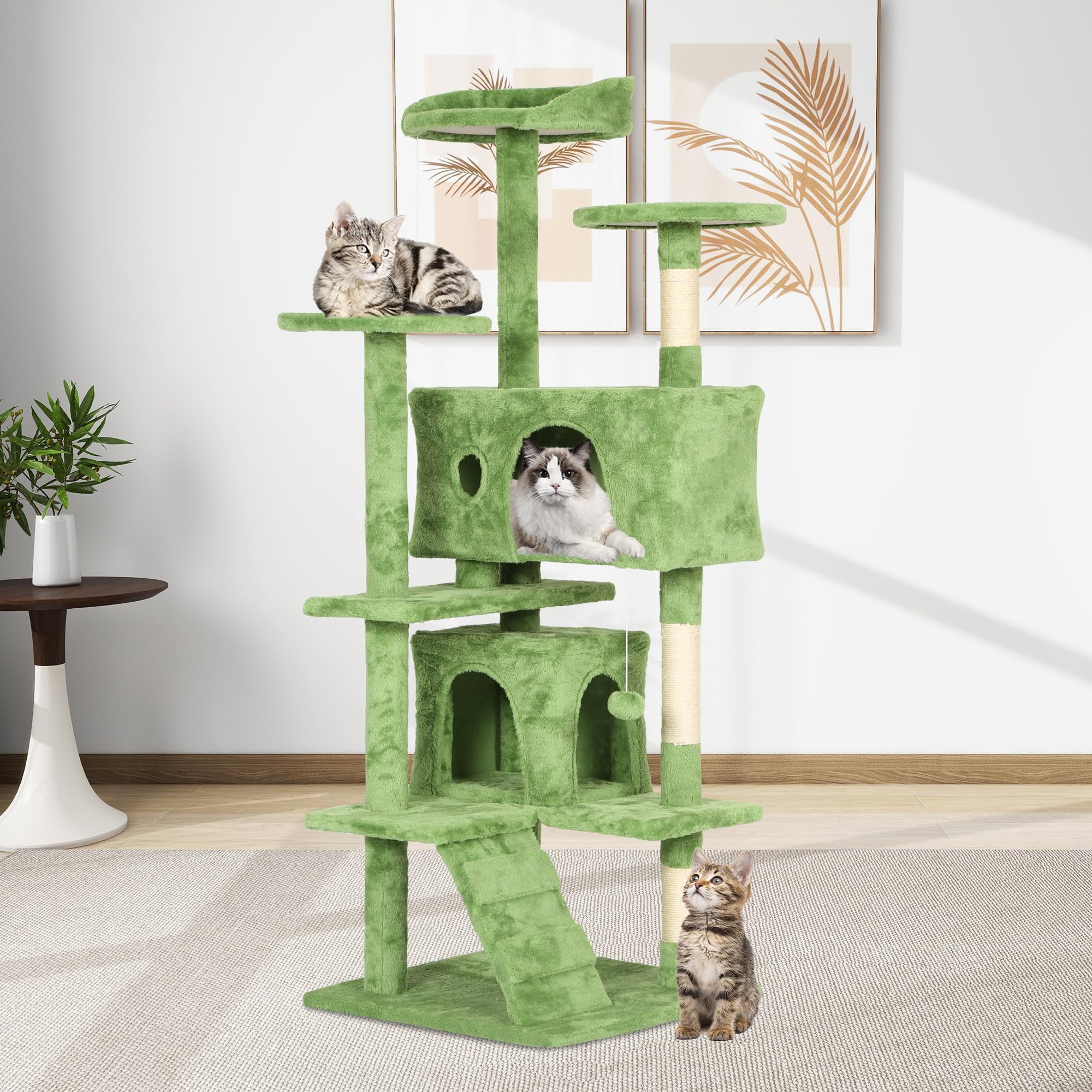 YRLLENSDAN 54 inch Tall Cat Tree Tower for Indoor Cats, Large Cat Tower with Scratching Post, Cat Climbing Tower with Cat Tree House, Sturdy Cat Condo, Green