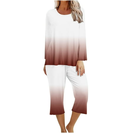 

oieyuz 2 Piece Pajama Sets for Women Loose Long Sleeve Tops Wide Leg Cropped Pants Stylish Printed Lounge Suits