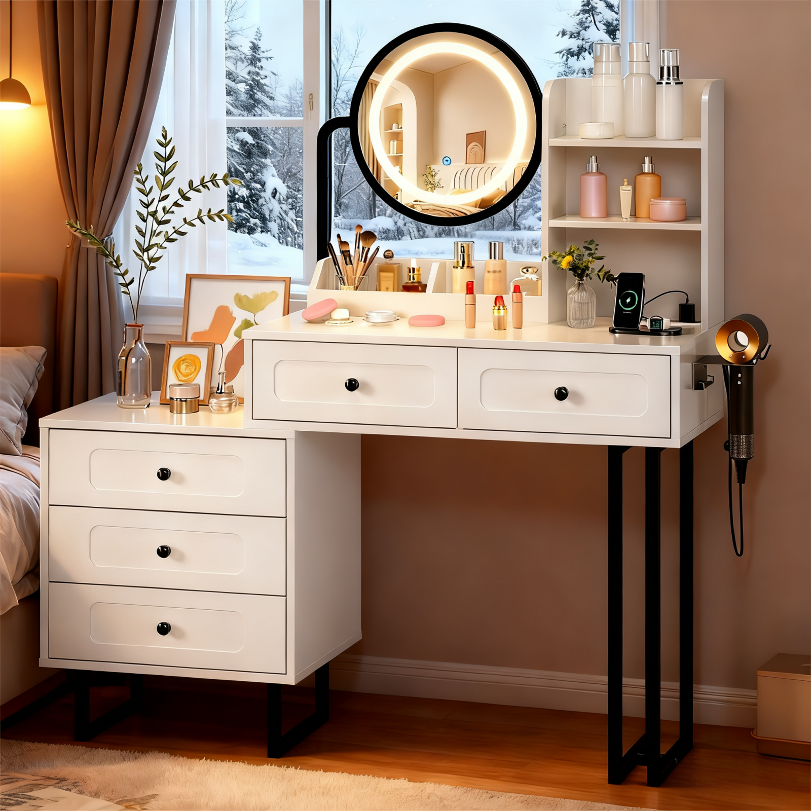 Zimtown Vanity Desk with Round Mirror, Makeup Vanity with Adjustable Lights & Large Drawers, Vanity Table for Bedroom Dressing Room, White & Black