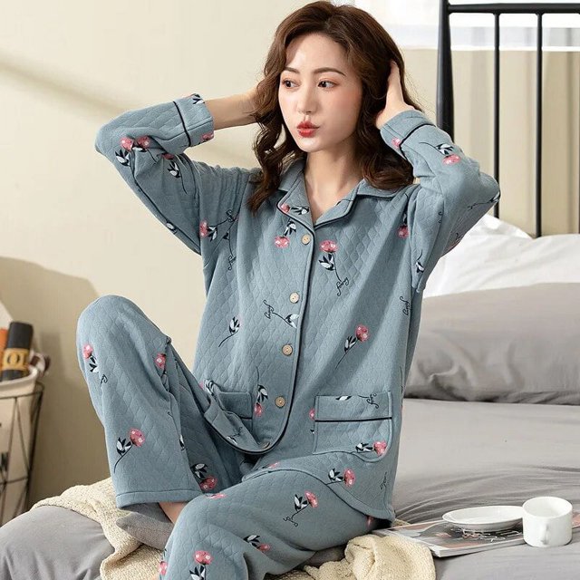 Pijama de algodón transpirable para mujer de manga larga engrosado servicio al hogar traje de noche Delgado cálido regalo de Navidad ropa de dormir sexy