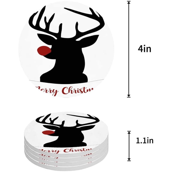 FMSHPON Merry Christmas Elk Set of 8 Round Coaster for Drinks, Absorbent Ceramic Stone Coasters Cup Mat with Cork Base for Home Kitchen Room Coffee Table Bar Decor