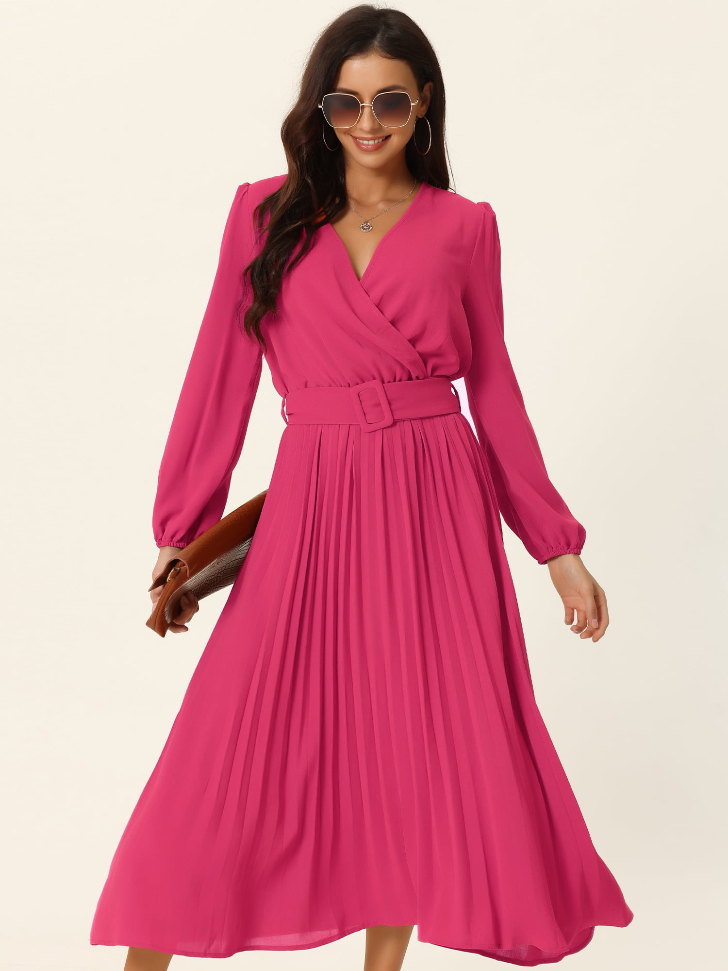 Unique Bargains Women's Long Puff Sleeve Flowy Ruffle Pleated Dress with Belt S Hot Pink