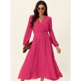 thumbnail image 3 of Unique Bargains Women's Long Puff Sleeve Flowy Ruffle Pleated Dress with Belt S Hot Pink, 3 of 6