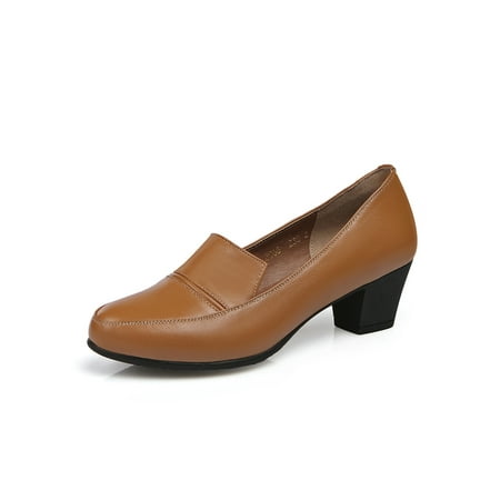

Rotosw Ladies Loafers Slip On Dress Shoes Comfort Heels Casual Chunky Office Shoe Work Non-Slip Camel Leather Upper 6