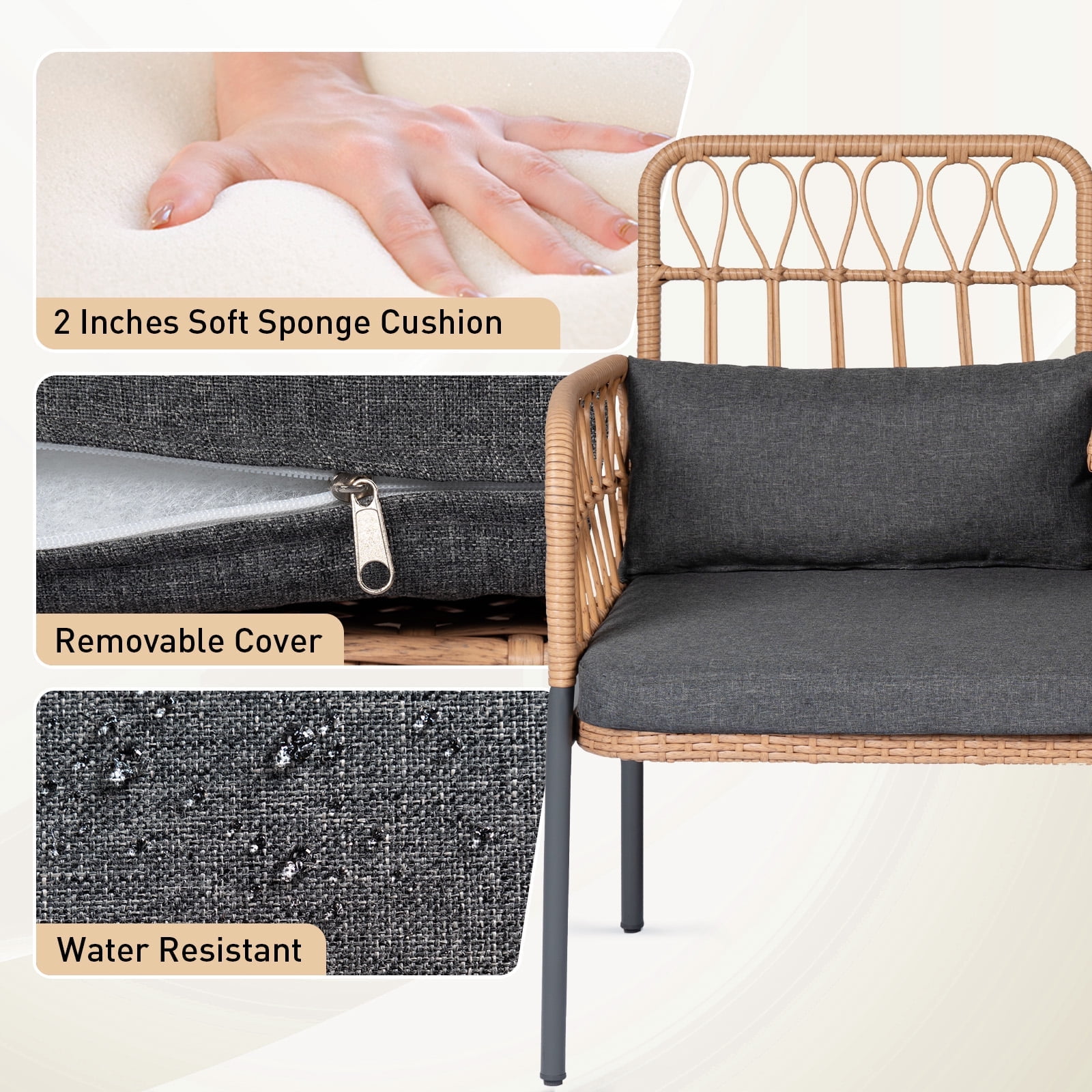 Tappio Outdoor Rattan Loveseat, Patio Rattan Conversation Set Seat Sofa Cushioned Loveseat Table Chairs with Built-in Coffee Table, Gray