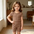 thumbnail image 5 of THDHVS Girls Fall Outfits,Toddler Unisex Solid Ribbed Cotton Short Sleeve Top Shorts Loungewear 2 Piece Set,Toddler Girl Outfits Coffee 3-5 Years, 5 of 8