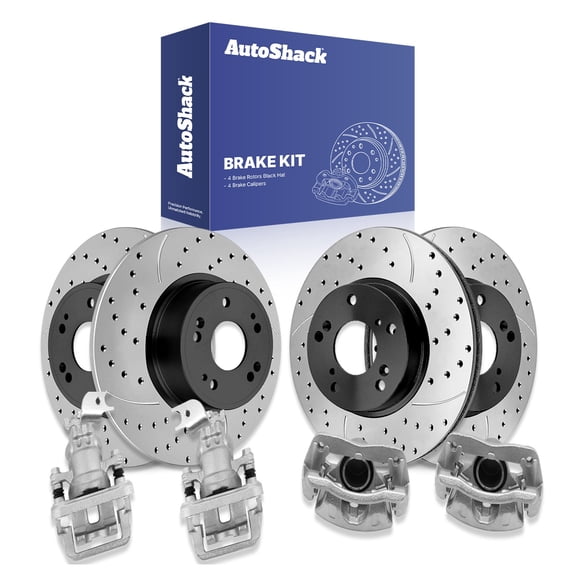 AutoShack Front & Rear Brake Rotors & Calipers for Honda, Accord 2008-2012, FWD L4 2.4L - E-Coated Drilled & Slotted - ShadowGuard