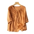 thumbnail image 2 of ClodeEU Women's Vintage Embroidered Lace Trim Elbow Sleeve Crop Top,Loose Fit Casual Blouse Orange,Womens Plus M, 2 of 6