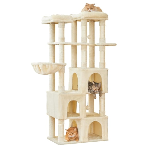 Large for Indoor Cats, 63-inch Cat Tower with 3 Cat Condos, Scratching Posts, Padded Perches, Hammock, Dangling Toys, Beige