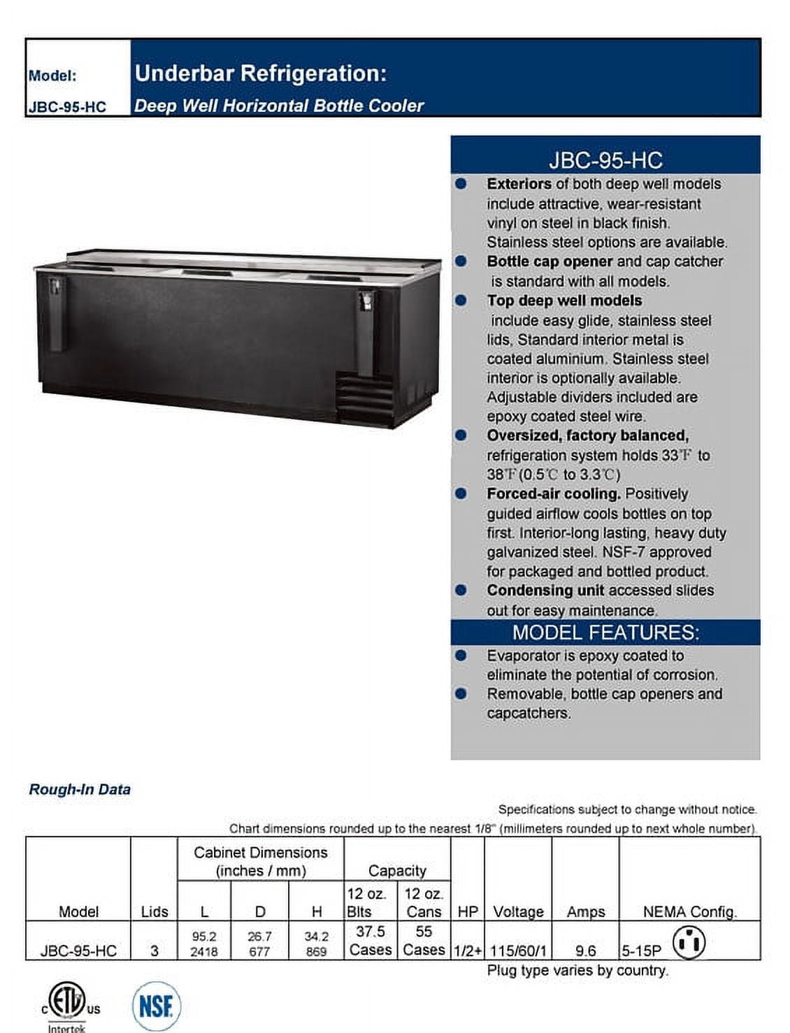 95" Horizontal Bottle Cooler Deep Well Commercial beer bottle Refrigerator 33-38F Top-Loading