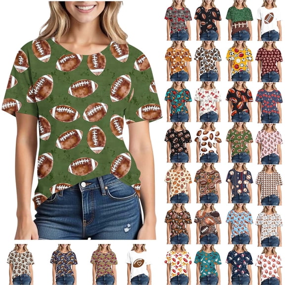 NSLGXD T Shirts for Women Trendy Round Neck Short Sleeve Tops Fashion Football Graphic Tees Soft Vacation Tshirts Plus Size S-5XL White Tops