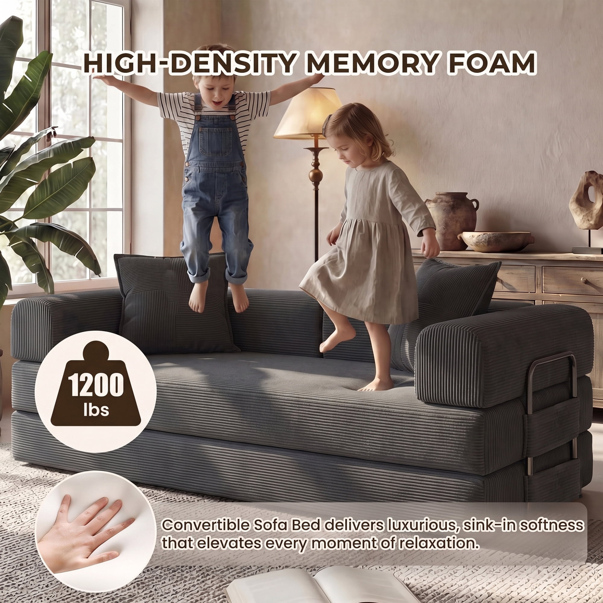 Aukfa 79" Convertible Futon Sofa Bed with Fixed Frame, 5-in-1 Boneless Couch for Living Room, Corduroy, Gray
