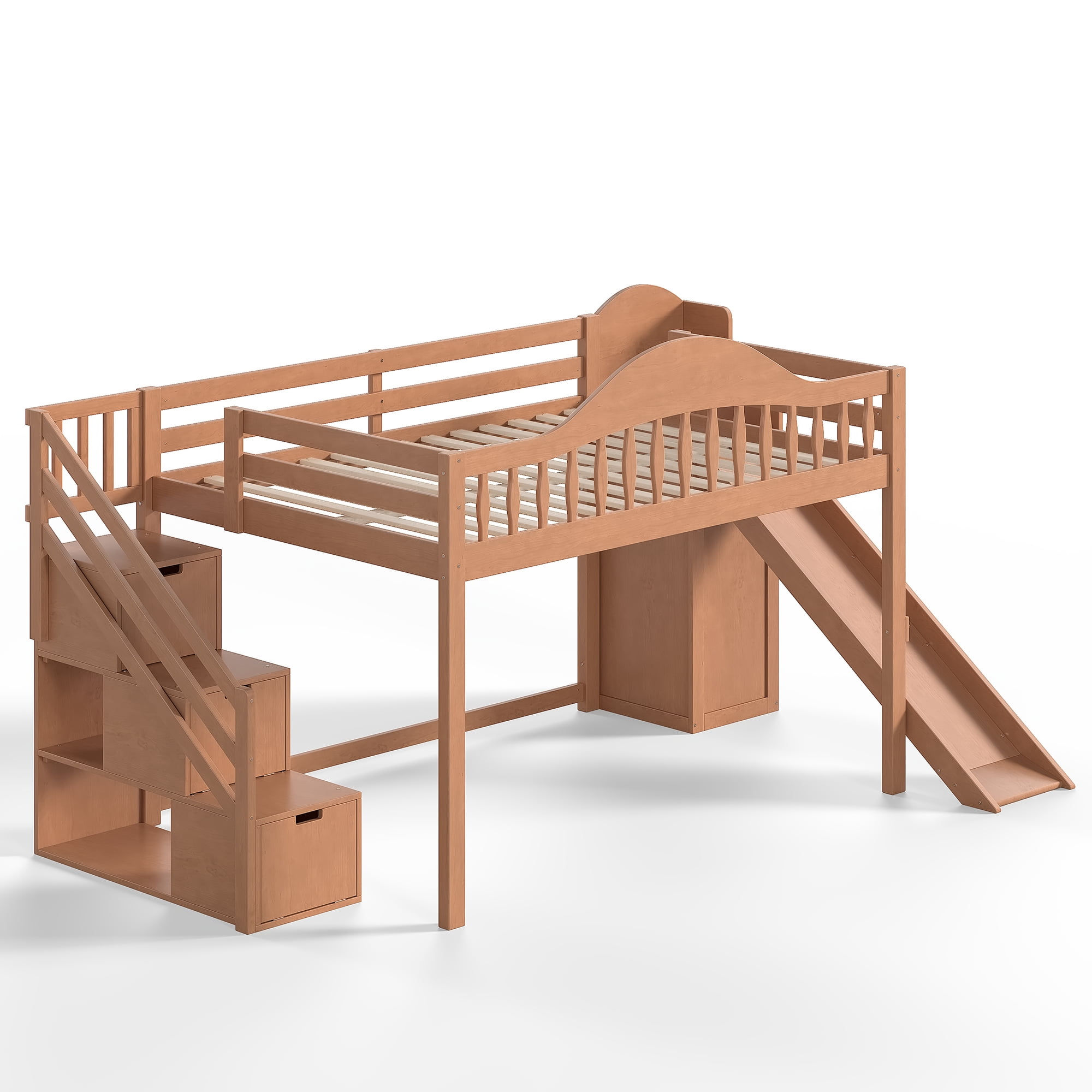 Leumius Full Size Loft Bed with Storage Stairs, Slide & Built-in Wardrobe,Soild Wood Loft Bed Frame with High Guardrail,Walnut