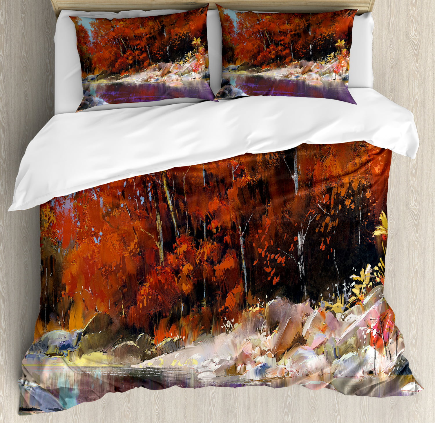 A Decorative 3 Piece Bedding Set with Pillow Shams Fall Forest with Shady Deciduous Trees and Faded Leaf Magic Woodland Theme Picture Queen/Full Ambesonne Autumn Duvet Cover Set Apricot Brown Red nev_27438_queen 