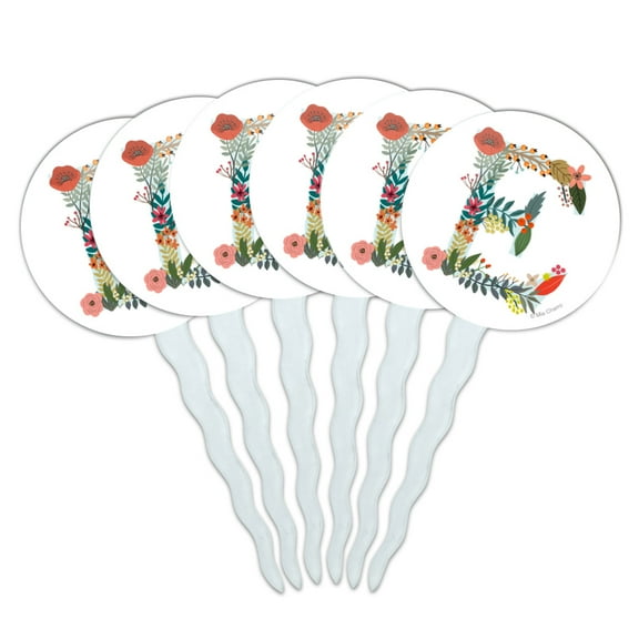 Letter E Floral Monogram Initial Cupcake Picks Toppers Decoration Set of 6