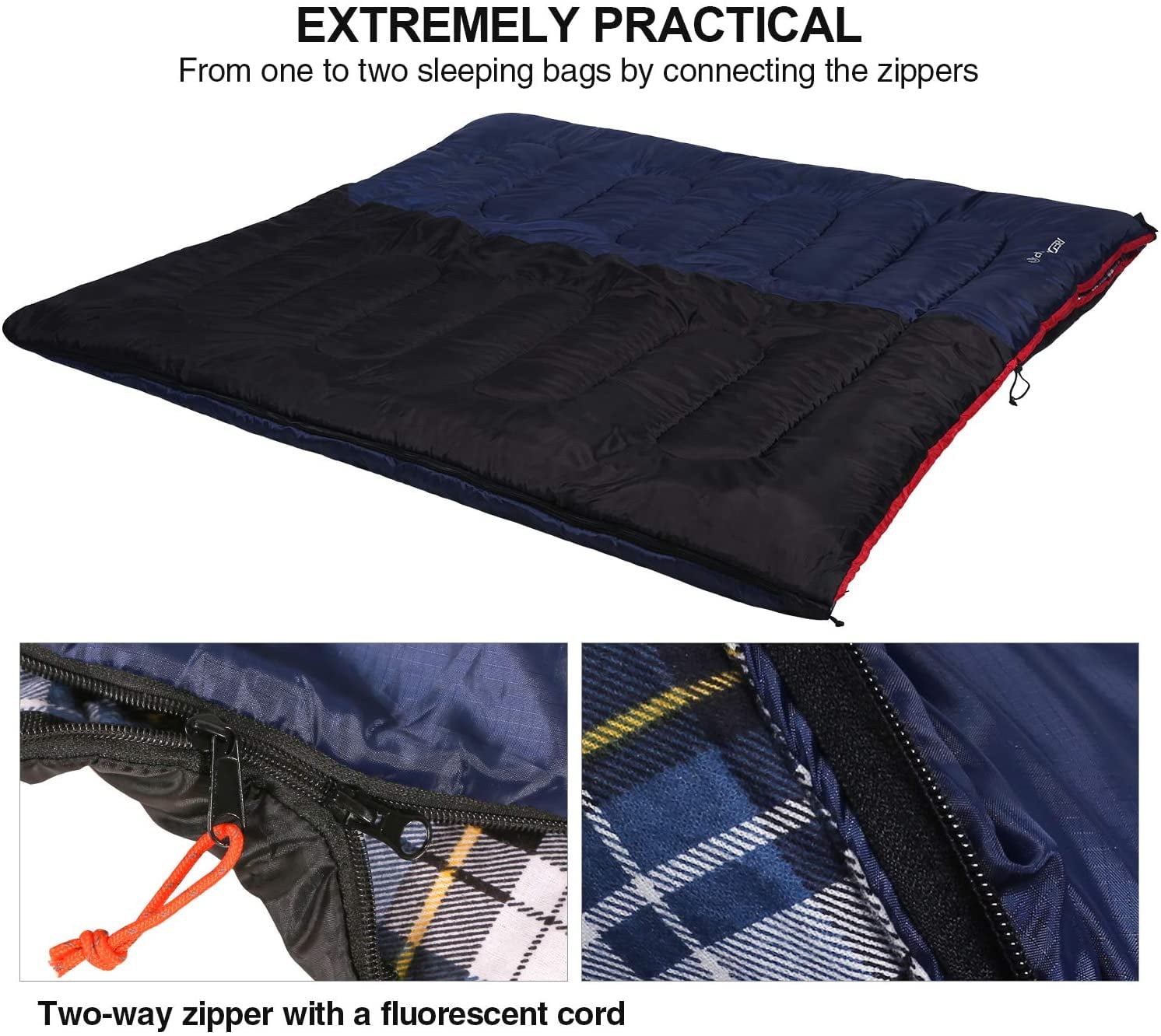 REDCAMP Cotton Flannel Sleeping Bag for Camping Backpacking,4 Season Adults Cold Weather Envelope Sleeping Bags with 2/3/4lbs Filling