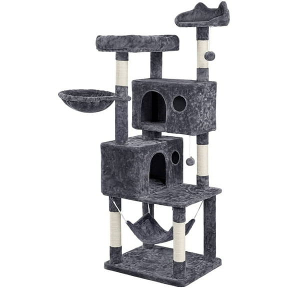 Yaheetech 64.5in Multi-level Large Cat Tree Condo Tower with Hammock Scratching Posts & Hammock, Dark Gray